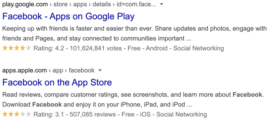 App rating search results — mobile app analytics